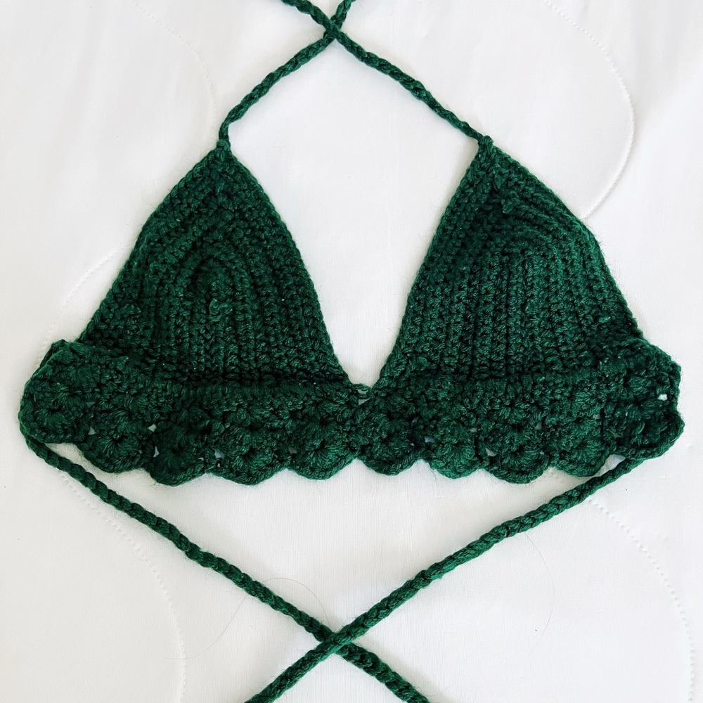 Handmade Pine Green Crochet Halter Bralette Top